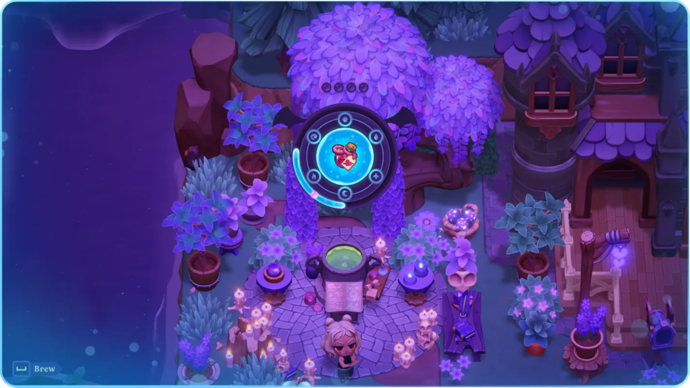 Moonlight Peaks potion brewing — cauldron and enchanted ingredients