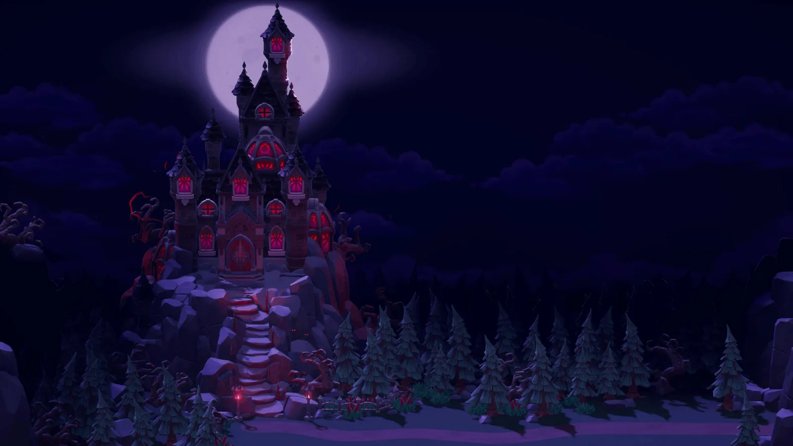 Dracula's castle above a dark forest under a full moon in Moonlight Peaks