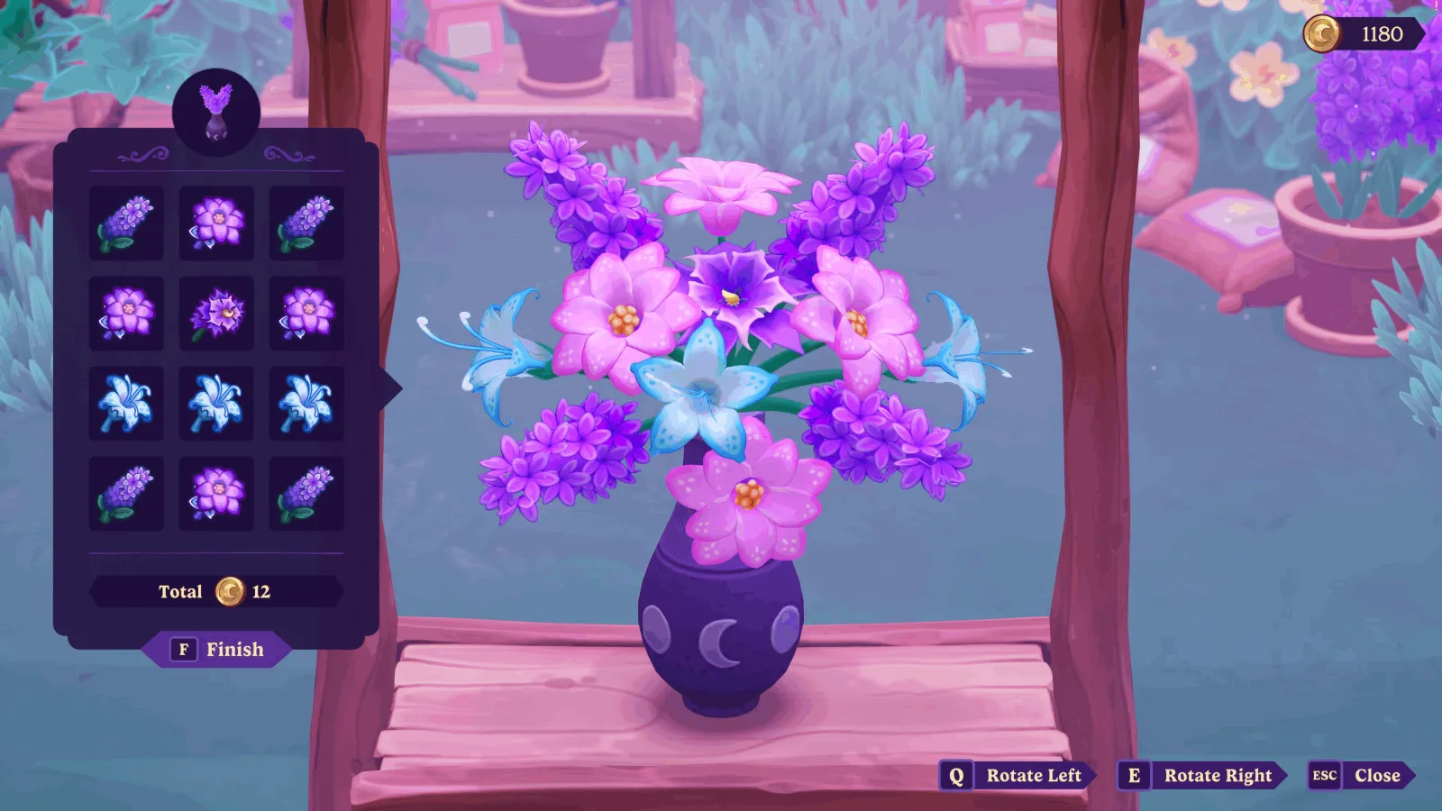 The Moonlight Peaks flower arrangement minigame screen