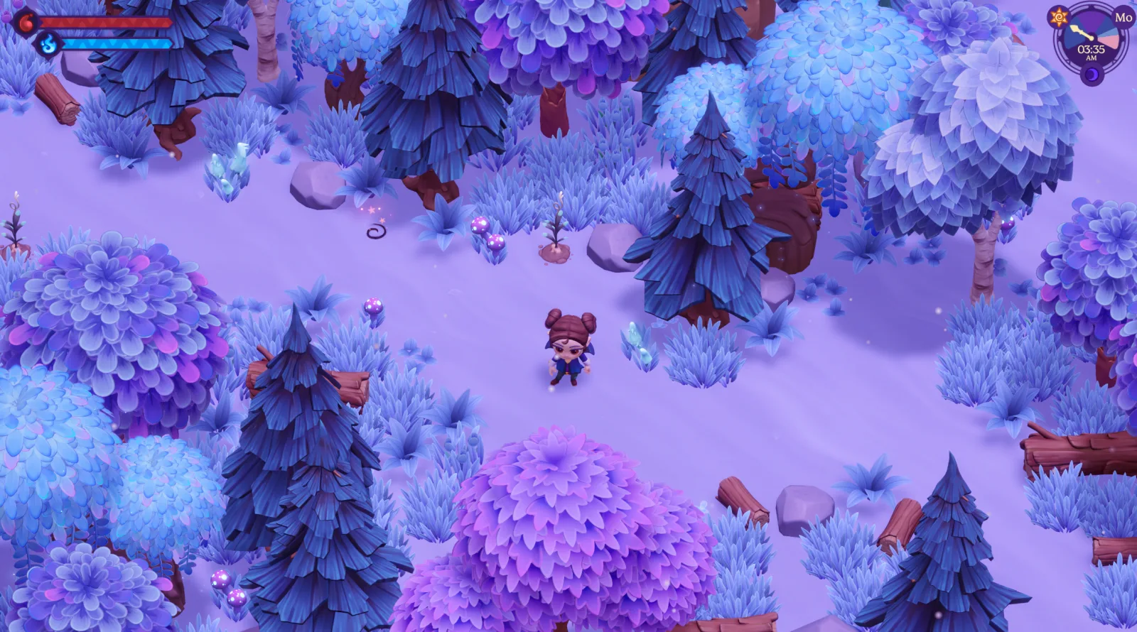 A vampire exploring a snowy Moonlight Peaks forest among crystals and fallen logs