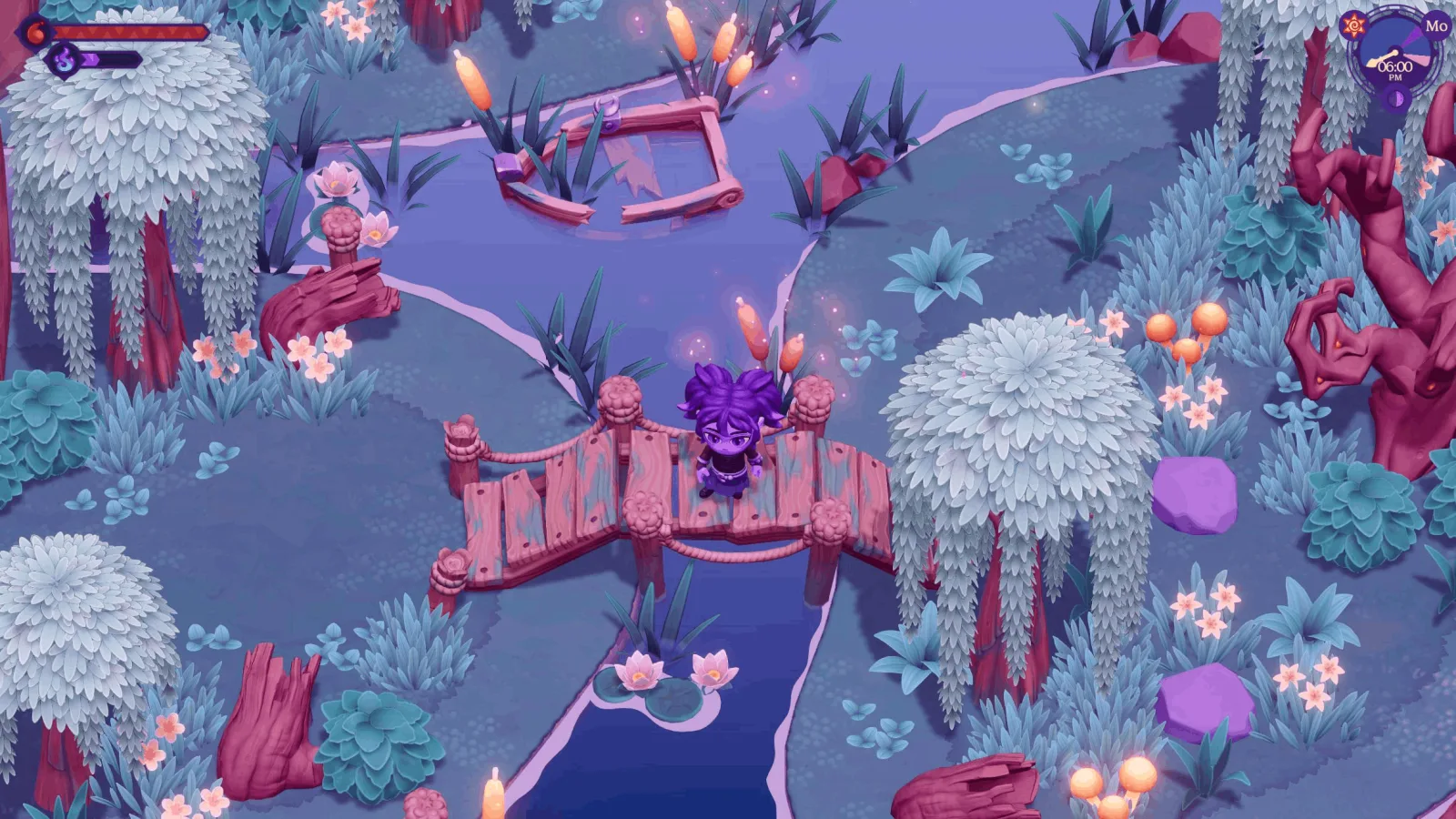 A vampire exploring pale trees and red fences in the Howling Marshes