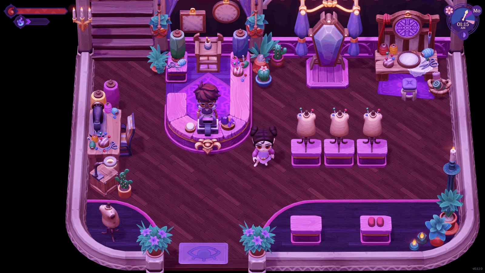 A colorful Moonlight Peaks town shop with a vampire behind the counter