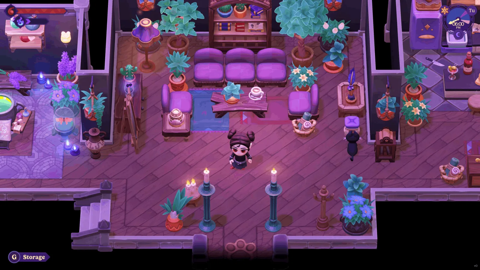 A warmly decorated Moonlight Peaks interior with plants, seating, and villagers