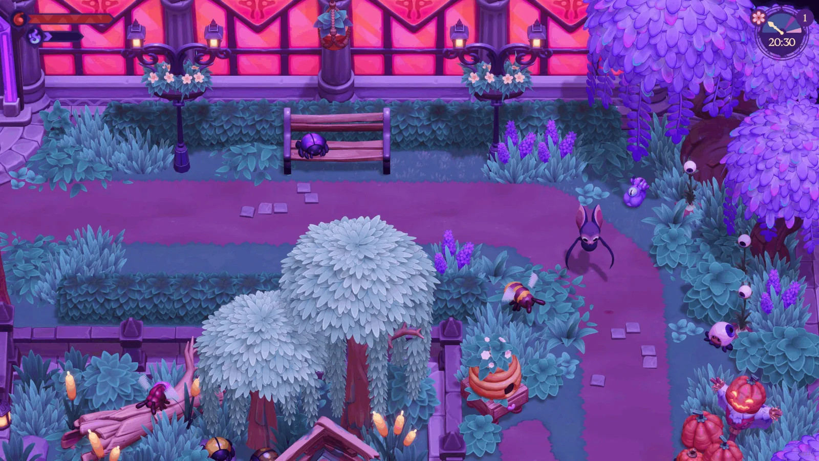 A vampire exploring the Moonlight Peaks museum grounds at night
