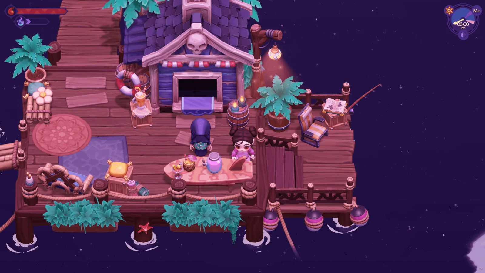 A vampire standing on a wooden pier over dark water in Moonlight Peaks